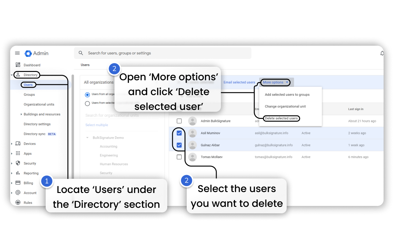 How to delete a user in Google Admin Console from User Management section