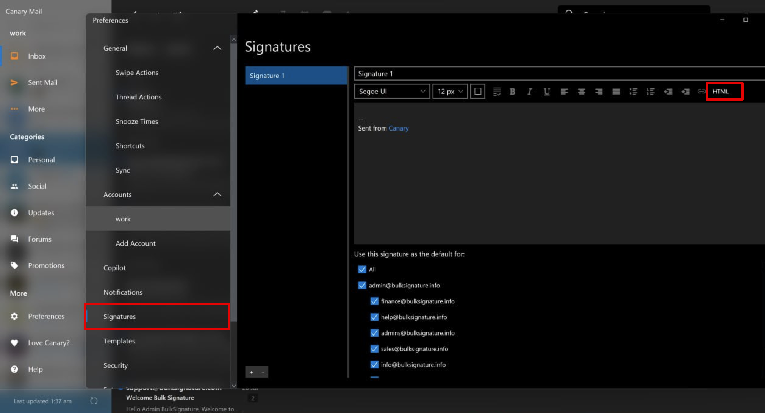 Installing email signature to canary mail