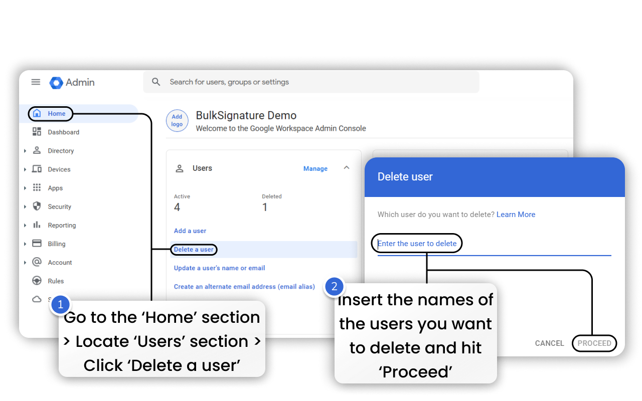 How to delete a user in Google Admin Console from the 'Home' section