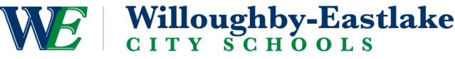 WE Sentence Case. District logo with the W in navy blue right before the E in green. To the right of the letters in sentence case at the words Willoughby-Eastlake in blue with the words City Schools in green below.